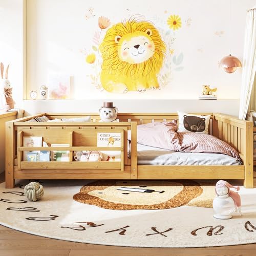 Bellemave Full Floor Bed with Slats and Rails, Full Size Montessori Floor Bed with Bookcase and Fence, Easy Assemble Montessori Beds for Girls, Boys, Deep Natural Floor Beds