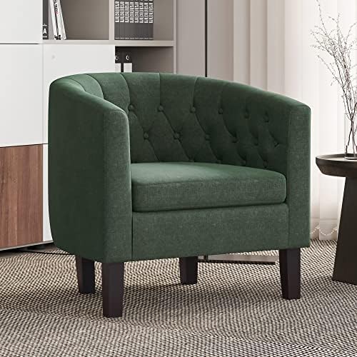 BELLEZE Green Accent Chairs for Living Room, Elegant Arm Chair Upholstered Tufted Barrel Chair Club Chair for Bedroom with Sturdy Legs and Linen Fabric - Berlinda (Green)