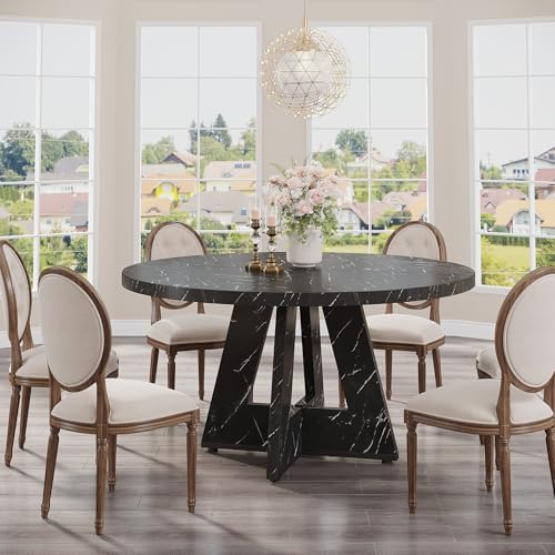 Tribesigns 47 inch Round Dining Table Wood Kitchen Table for Dining Room, 47" Dinner Room Tables for 4-6, Farmhouse Accent Furniture with Wooden Tabletop and Cross Base, Marbled Wood