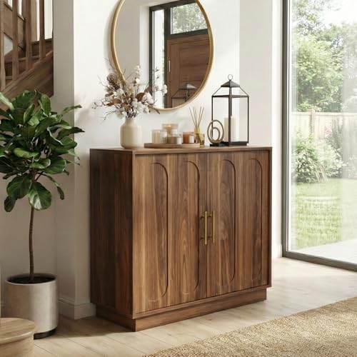 holzart 31.5" Modern Farmhouse Storage Cabinet, Rustic Brown 2 Door Sideboard Buffet with Gold Handles, Fluted Wood Accent Credenza for Entryway, Living Room, Coffee Bar, Home Office