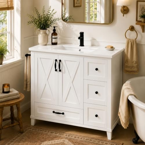 YOPTO 36" Bathroom Vanity with Sink, Freestanding Bathroom Cabinet | Ceramic Top & Backsplash, 4 Storage Drawers, X-Shaped Doors, Adjustable Shelving, Door Storage and Towel Bar, white