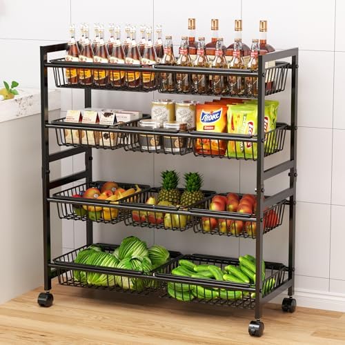 Cinati 4-Tier Snack Cart with Wheels, 29''W Toy Storage Organizer, Rolling Pantry Storage Cart with 10 Wire Baskets & Handle,Adjustable Metal Snack Rack, Kitchen Organizer for Fruit, Vegetables(Black)