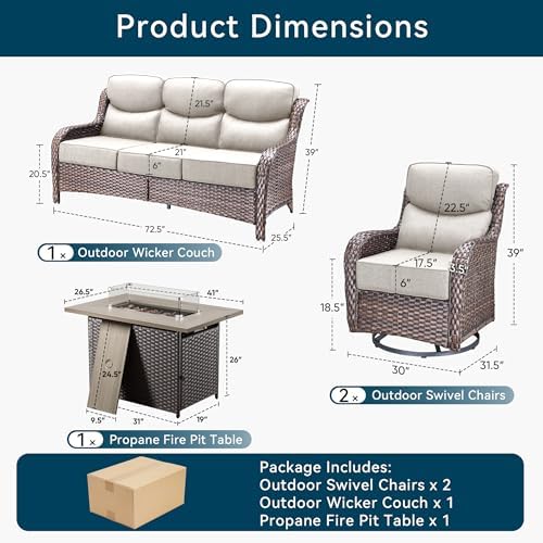 Luxury Patio Furniture Set with Fire Pit Table-4 Pieces High Back Wicker Swivel Rocker Chairs with 6" Extra Thick Cushions, Outdoor Patio Conversation Sets for Porch Deck Backyard(Brown/Beige)