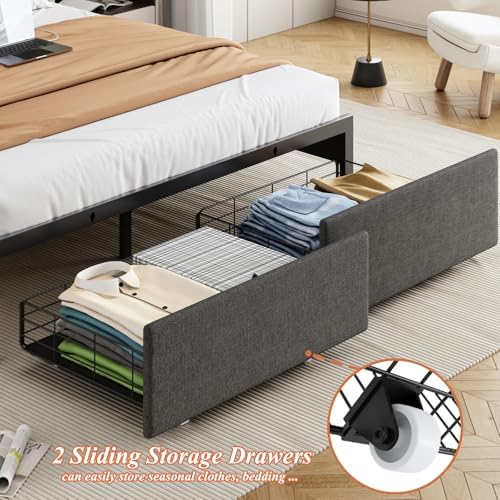 Queen Size Bed Frame with Storage Headboard and 2 Drawers, Upholstered Button Linen Platform Bed frame with Led Lights and Charging Station, No Box Spring Needed, Easy Assembly, Noise Free, Gray