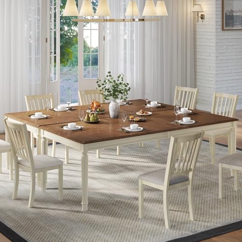 AMERLIFE 79" Rustic Farmhouse Dining Table with Solid Wood Top, Cream