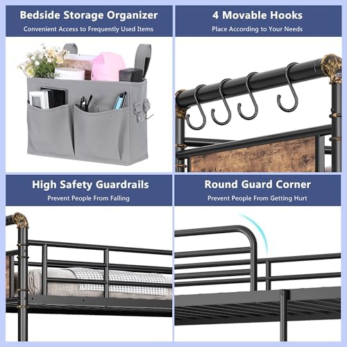 Jocoevol Metal Bunk Bed Twin Over Full, Industrial Bunkbeds Heavy Duty Bed with Safety Guard Rails and Space-Saving Design, Steel Bed for School, Bedroom (Vintage Brown)