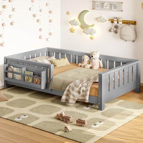 Bellemave Twin Size Montessori Floor Bed with Rails and Slats, Twin Size Floor Bed with Bookshelf and Fence, Low Profile Montessori Beds Frame for Girls, Boys, White