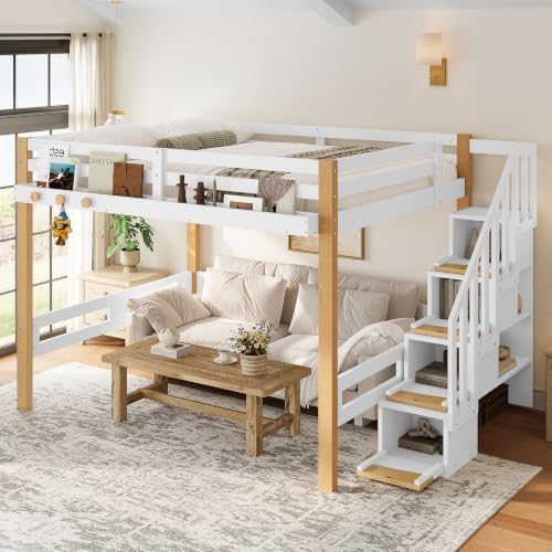 KEIKI Full Size Wooden Loft Bed Frame with Staircase, Clothes Hook, White