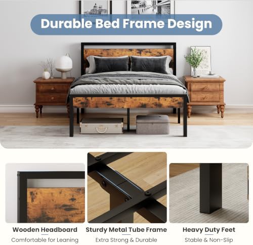 Sweetcrispy Queen 14 Inch Platform Bed Frame with Headboard & Storage, Rust