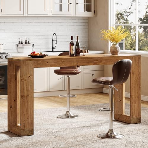 63-Inch Solid Wood Bar Table, Narrow Long Counter Height Pub Dining Table, Farmhouse Rectangular Home Coffee Bar Units for Kitchen, Dining Room, Living Room, Bistro, Brown