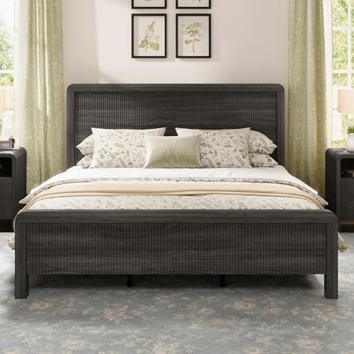 AMERLIFE Queen Wood Bed Frame with Fluted Headboard & Footboard, Black