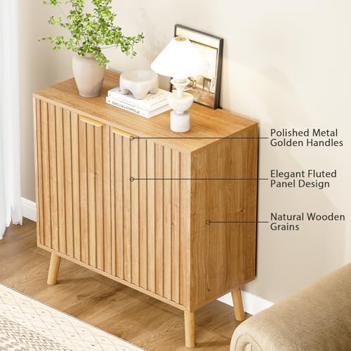 Set of 4 Fluted Storage Cabinet, Buffet Cabinet with Storage, Wood Sideboard with Adjustable Shelf, Modern Accent Cabinet & Console Table for Entryway, Living Room, Dining Room, Natural