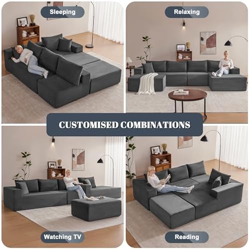 Mangodan 140” Cloud Sectional Couch, Boneless Sofa for Living Room, Modular Sectional Sofa with Deep Seat, Comfy Fluffy U-Shaped Couch with Right-Facing Chaise, No Assembly Required, Grey