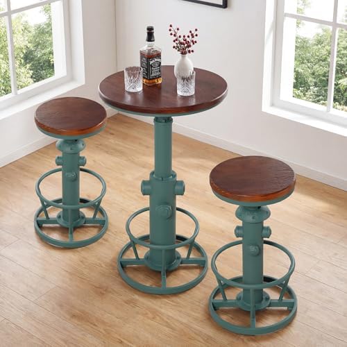 Industrial Bar Table with Round Solid Pine Wood Top, Adjustable Height 38.6-42.5in, Fire Hydrant Design, 360° Swivel, Green