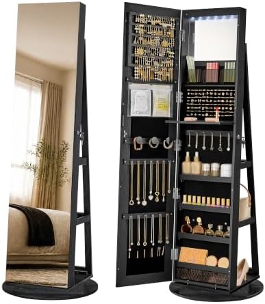 SONGMICS HOME Standing Jewelry Armoire, Full Length Mirror with Storage | Lockable Jewelry Cabinet with 6 LED Lights, Floor Mirror, Built-in Vanity, Black Surface, Black Lining UJJC007B01SH