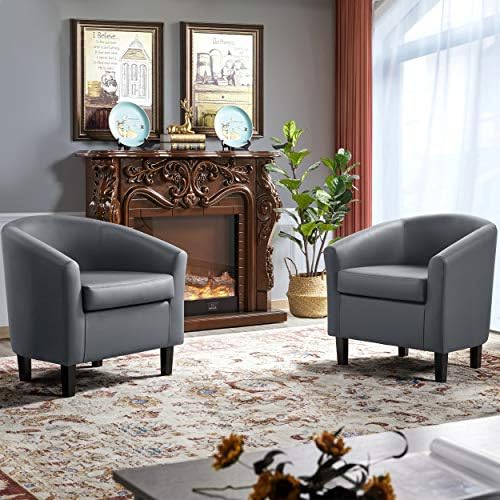 Yaheetech Accent Chairs Set of 2, Faux Leather Barrel Armchairs Gray