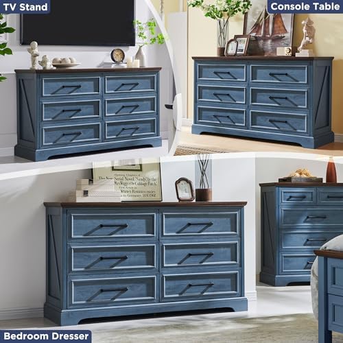 ACCOHOHO 52" Wide Farmhouse 6 Drawer Dresser for Bedroom, Blue