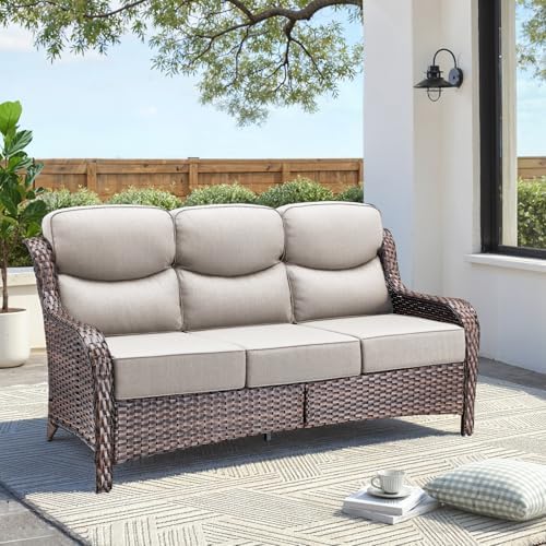 Luxury Outdoor Patio Furniture Set-Wicker High Backrest 3-Seat Patio Sofa with Comfy 6" Cushion, Rattan Couch with Deep Seat All-Weather Patio Conversation Set for Deck Backyard Garden(Brown/Beige)