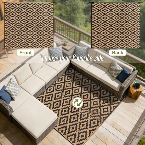 SAND MINE Reversible Mats, Plastic Straw Rug, Modern Area Rug, Large Floor Mat and Rug for Outdoors, RV, Patio, Backyard, Deck, Picnic, Beach, Trailer, Camping, Black & Brown, 10' x 10'