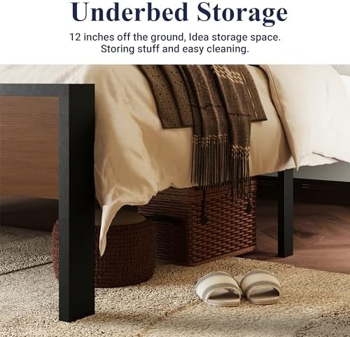Allewie King Size Bed Frame, Heavy Duty 12 Metal Slats Support, Walnut