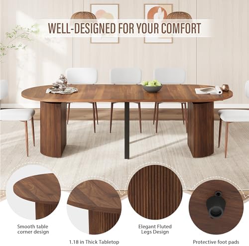 weselon 42"-105" Extendable Dining Table for 4-12, Expandable Oval Dining Room Table with Fluted Pedestal Base & Reinforced Metal Support Leg, Large Modern Kitchen Table for Dining Room (Walnut)