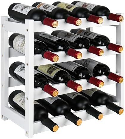 VASMIA Wine Rack, 4-Tier Bamboo Wine Racks Countertop,Sturdy and Durable Wine Storage Cabinet Shelf,16 Bottles Wine Holder for Kitchen Pantry, White