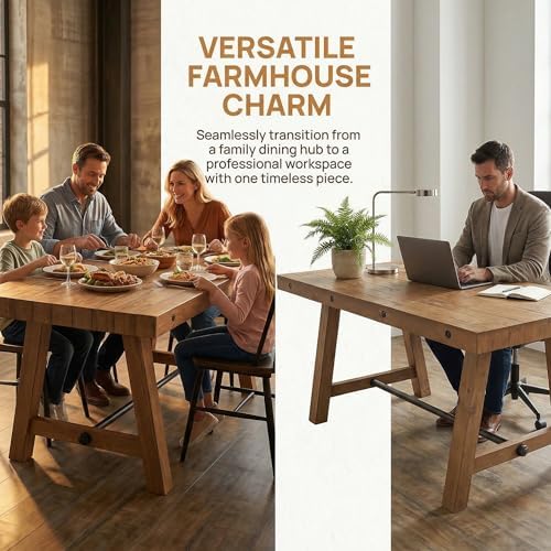 Rustic Dining Table for 4-6 People, 59" Farmhouse Rectangular Kitchen Table, Reclaimed Solid Wood Dining Room Table with Trestle Base for Kitchen/Dining Room, Home Office, Rustic Brown