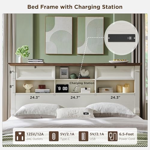Farmhouse King Size Bed Frame with 2 Drawers & 4 Bookcases On The Headboard