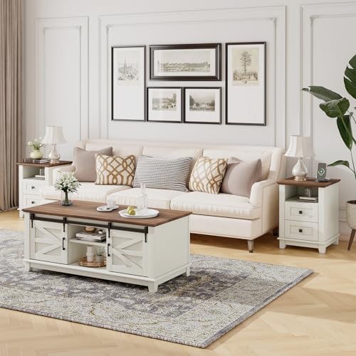 LUXOAK Farmhouse Table Set of 3, Coffee Table with Sliding Barn Doors, End Tables Set of 2 with Charging Station for Living Room & Bedroom, Sliding Barn Doors, 2 Tiers Storage Drawer, Antique White