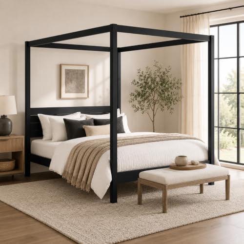 Solid Pine Canopy Bed Frame, Queen - Matte Black Painted Finish