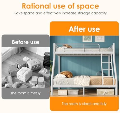Bunk Beds Twin Over Full Size, Heavy Duty Bunk Beds with Bottom Space & Guardrail Metal Bunk Bed Frame for Adults - Dorm Bedroom Guest Room, No Box Spring Needed（Upgrate White）
