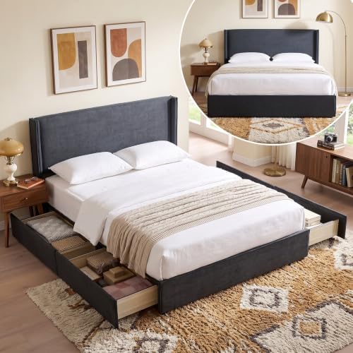 Queen Bed Frame with Storage Drawers, Corduroy Bed with Headboard, Black