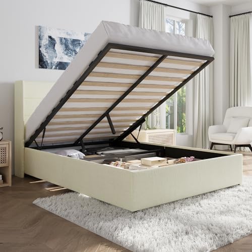 SHA CERLIN Queen Size Chenille Lift Up Hydraulic Storage Bed Frame Cream