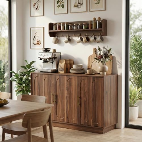 holzart 46.6" Modern Farmhouse 3 Door Storage Cabinet, Rustic Brown Sideboard Buffet with Gold Handles, Large Fluted Wood Credenza for Dining Room, Living Room, Coffee Bar