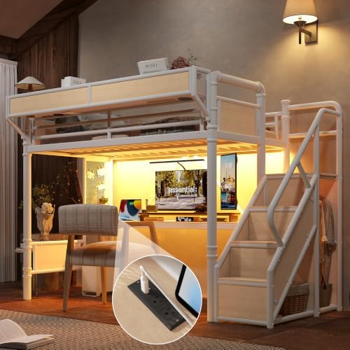 KEIKI Twin Size Metal Loft Bed Frame with Storage Staircase, Desk, White