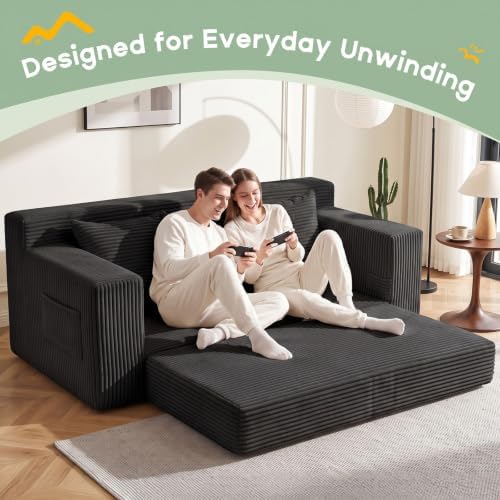 Boneless Couch for Living Room, 3 Seater Convertible Sofa Bed in A Box, Folding Pull Out Couch with Comfy Corduroy, Loveseat Sleeper Floor Sofa with 5 Pillows, No Assembly Required, Black