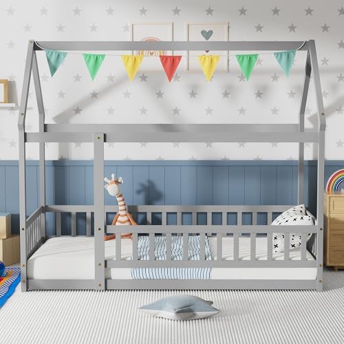 PVWIIK Twin Size Montessori Floor Bed with Roof & Fence Guardrails for Boys Girls Bedroom,Twin Size Floor Wooden Bed Frame,Easy Assemble,No Box Spring Needed, Gray