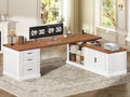 SEDETA Farmhouse L Shaped Desk with Drawers, 70.9" Home Office Desk with Storage Cabinet and Storage Shelves, L Shaped Computer Desk with Power Outlet，White+Brown