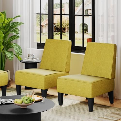 Armless Accent Chairs Set of 2, Green Upholstered Linen Slipper Chair with Solid Wood Legs, Mid Century Modern Side Chairs for Small Living Room Bedroom Apartment Reading Nook