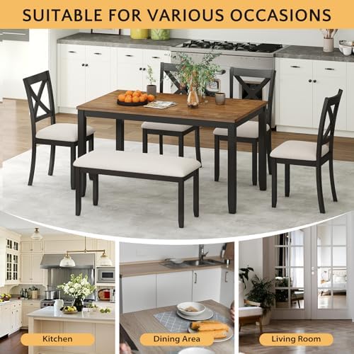 Zevemomo 6-Piece Solid Wood Dining Table Set, Farmhouse Wooden Legs, Black