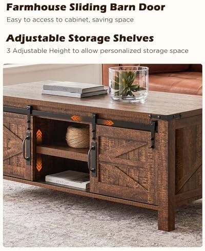 OKD 48" Farmhouse Lift Top Coffee Table Sliding Barn Door ReclaimedBarnwood