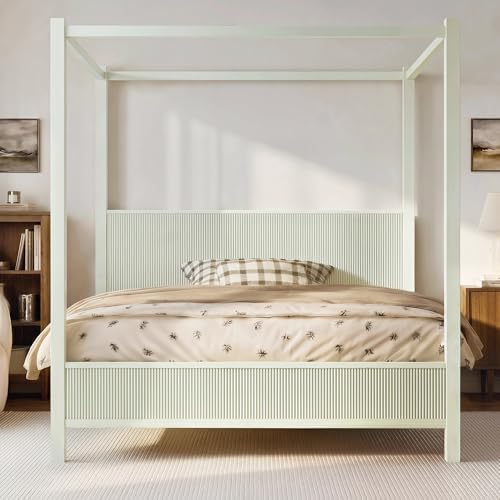 Queen Size Wood Canopy Bed Frame, Beige Vintage Four-Posters Platform Bed Frames with Headboard, 10-Slat Support Wooden Post Beds, 6" Under Bed Storage, Easy Assembly (Beige, Queen, 75.5"H)