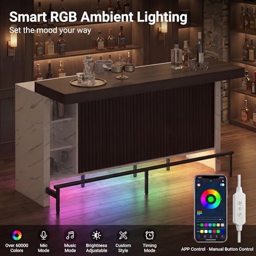 62" Sliding Top Expandable Bar Table with LED Lights, Counter Height Home Bar Cabinet with Shelves & Storage, Marble Finish Modern Bar Island for Kitchen, Living Room, Basement