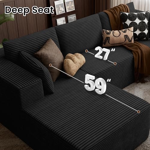 106" Cloud Sectional Boneless Couches for Living Room, Modular U Shaped Couch with Deep Seat, Removable Ottoman, Memory Foam Compressed Spineless 4 Seater Sofa for Bedroom Apartment, Black