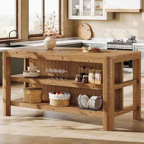 63" Solid Wood Kitchen Island with Storage Shelves, Easy Assembly