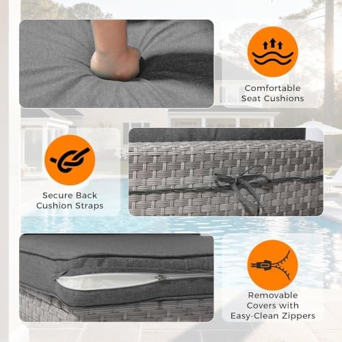 8‑Seat Modular Wicker Patio Set with Fire Pit Table, 2 Swivel Rocking Chairs, 4" Cushions, Rust‑Resistant Steel Frame, L‑Shape Rattan Sectional Sofa, Charcoal Grey
