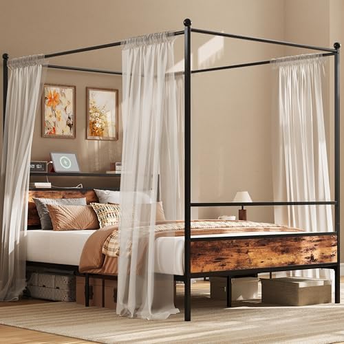 LIKIMIO Canopy Bed Frame Queen with Storage Headboard & Charging Station, Sturdy Metal Platform Bed with 4 Removable Posts, Dual Purpose Bed Frame, No Box Spring Needed, Noise Free