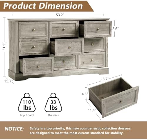 LOUVIXA Farmhouse Bedroom Sets of 4, Including 9 Drawer Dresser, 5 Drawer Dressers and Nightstand Set of 2 with Charging Station (Grey Sets, 4 Pieces)
