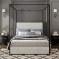 LUMISOL King Size Canopy Bed with Tall Headboard, Metal 4 Poster Bed with Wood Slats Support, Modern Corduroy Upholstered Canopy Bed Frame with Metal Posters, Black + White