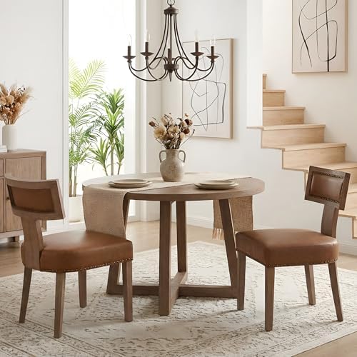 HNY Mid Century Modern Dining Chairs Set of 2, Farmhouse PU Leather Upholstered Accent Chairs Curved Nailhead Trim Backrest Kitchen Chairs, with Hardwood Frame, Brown